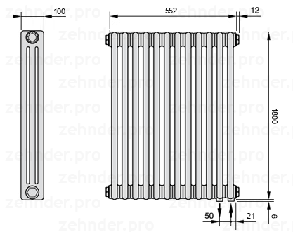 Схема (чертеж) Радиатор Zehnder Charleston 3180/12 №5510 Technoline TL